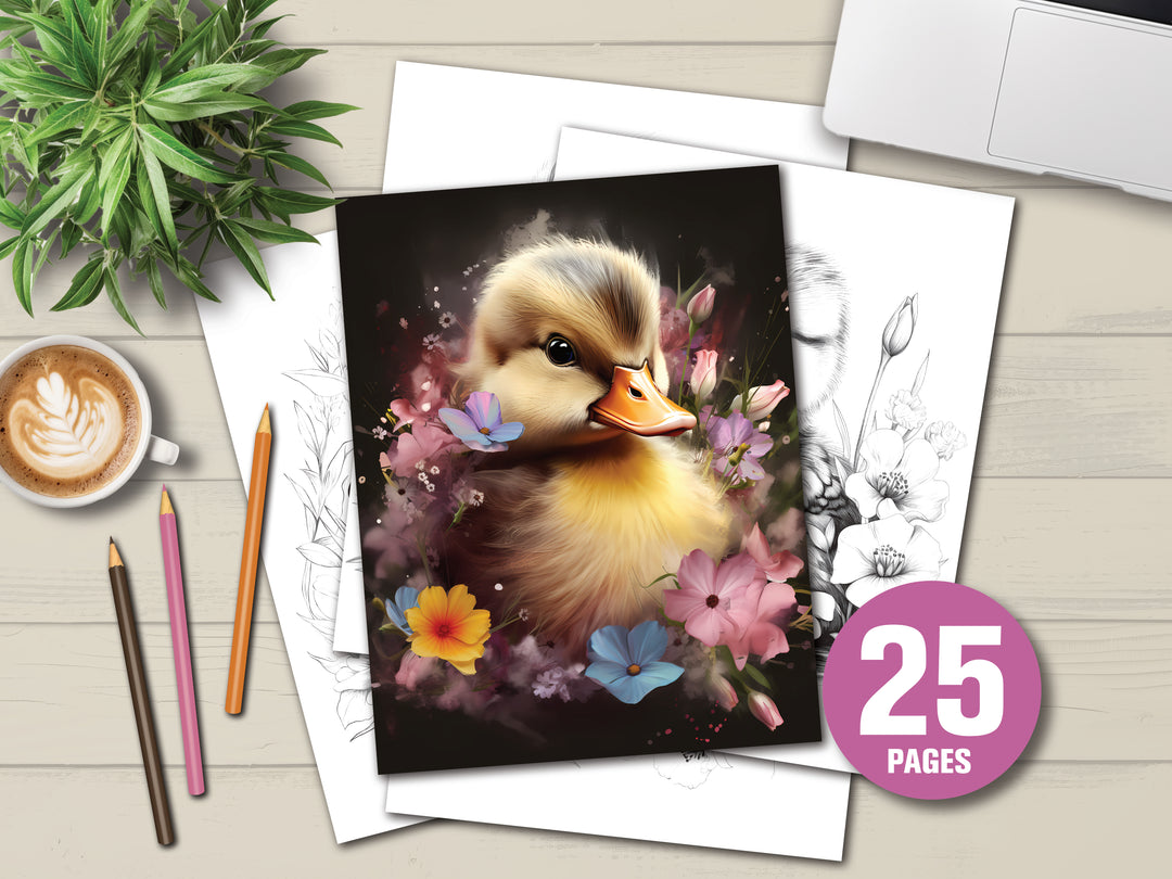 Digital - Baby Duck With Flowers Coloring Book