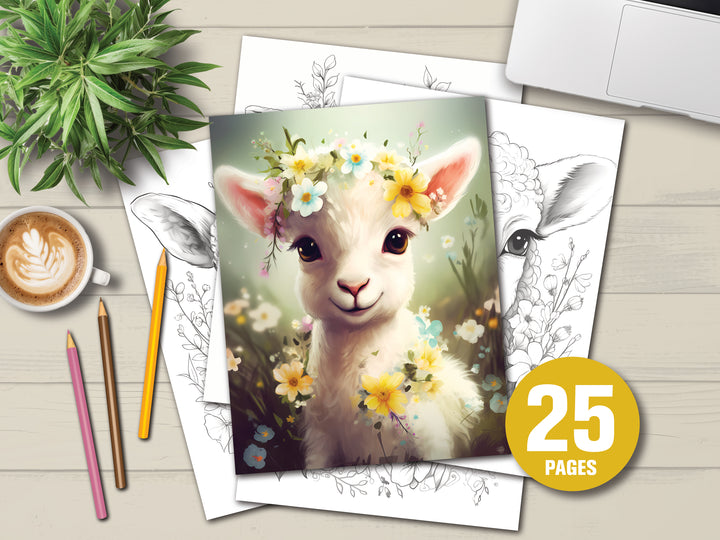 Digital - Baby Lamb With Flowers Coloring Book